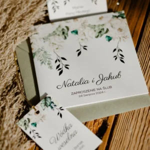 Zaproszenie ślubne w zielonej kolorystyce, z motywem kwiatów