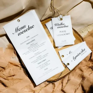 dodatki weselne, menu, winietki, zawieszki na alkohol