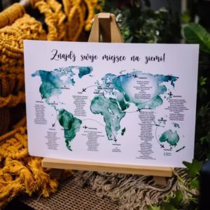 Plan gości w formie plakatu, motyw podróżniczy, w kolorze zieleni