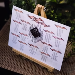 Plakat z rozpiską rozsadzenia gości weselnych w motywie Harrego Pottera