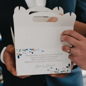 pudełko na ciasto weselne, musztarda i turkus