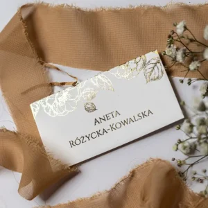 złocona winietka na stół weselny, winietki ze złotymi napisami składane