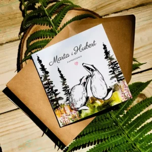 zaproszenia ze zwierzątkami i mapą lasu, borsuki