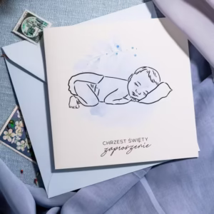Zaproszenie na chrzest, błękitne z grafiką przedstawiającą niemowlaka