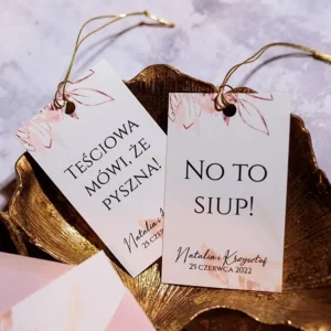 zawieszka na alkohol, różowe zawieszki ze złotym sznureczkiem