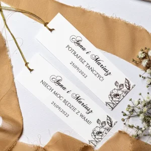 zawieszki na alkohol ze złotymi napisami, złote róże, podłużne zawieszki, szybka realizacja