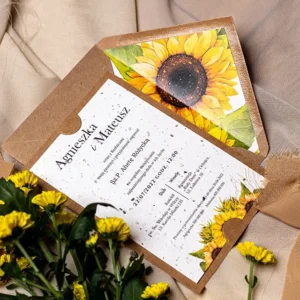 zaproszenia ślubne jednokartkowe na papierze z nasionami kwiatów, papier do posadzenia