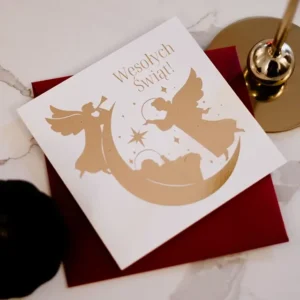 kartka bożonarodzeniowa ze złoceniem, anioły