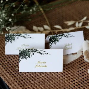 klasyczne winietki na stół weselny z listkami