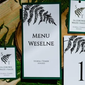 menu na wesele, zielone, ze złotymi paprociami