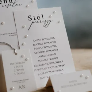 plan gości weselnych, plan usadzenia gości, motyw z perełkami, minimalistyczne wzór