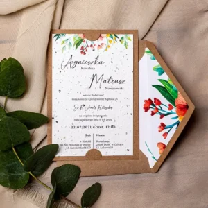 piękna zaproszenia na slub z wyjątkowego papieru z nasionami kwiatów, wzór w polne maki