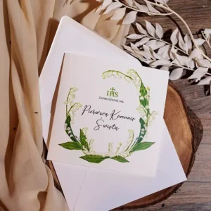 eleganckie zaproszenie na pierwszą komunię świętą, zaproszenia otwierane, klasyczne w motywach kwiatowych