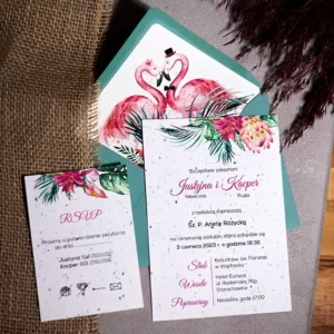różowo-zielone zaproszenie ślubne z papieru czerpanego z nasionami kwiatów