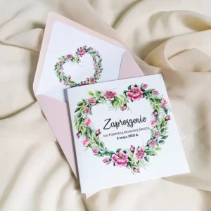 zaproszenia otwierane na komunię dziecka, wzór z sercem