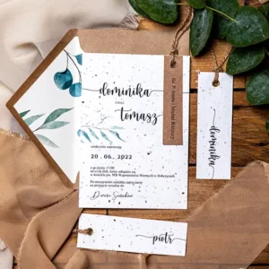 wyjątkowe zaproszenia ślubne, bez odmieniania nazwisk gości, z papieru z nasionami kwiatów