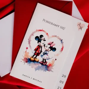 zaproszenie ślubne w odcieniach bordo i grafiką z zakochanymi myszkami Miki i Minnie