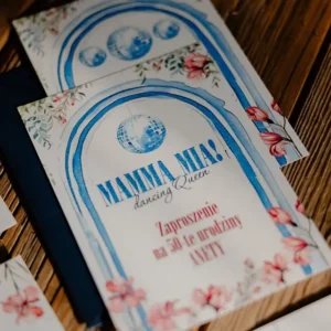 zaproszenia na tematyczne urodziny w stylu dyskotekowym, zaproszenia inspirowane Abbą i filmem Mamma Mia