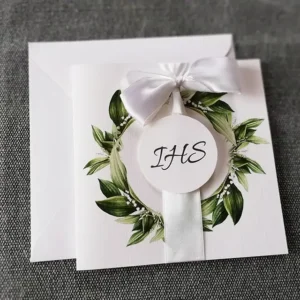 klasyczne zaproszenia na pierwszą komunię świętą, z białą wstążką