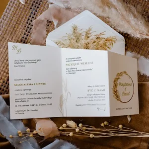 zaproszenie z suszonymi trawami pampasowymi, boho trawy