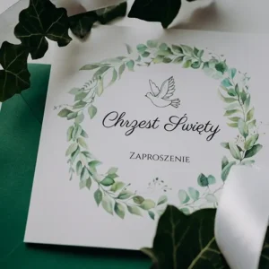 zaproszenie na chrzest zielony ring i gołębica