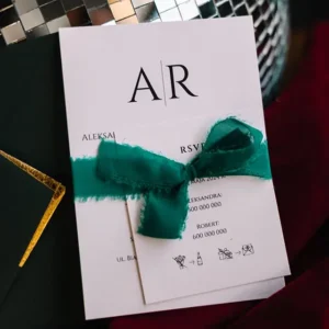 zaproszenie slubne z wstażką z szyfonu, aurora green