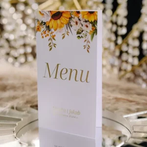 menu weselne ze złoceniami, wzór w słoneczniki