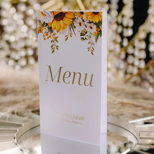 menu weselne ze złoceniami, wzór w słoneczniki