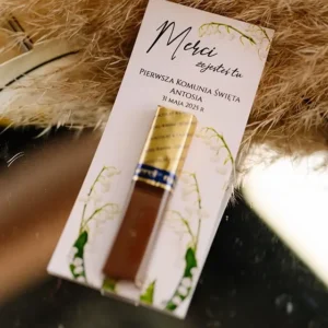 podziękowania na pierwszą komunię świętą, kartonik na czekoladkę merci, konwalie