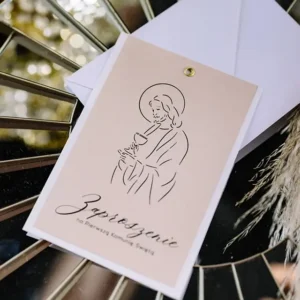 zaproszenie na pierwszą komunię świętą, jednokartkowe, biel i beż