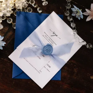 Zaproszenie ślubne ze wstążką niebieskie, z pieczątką