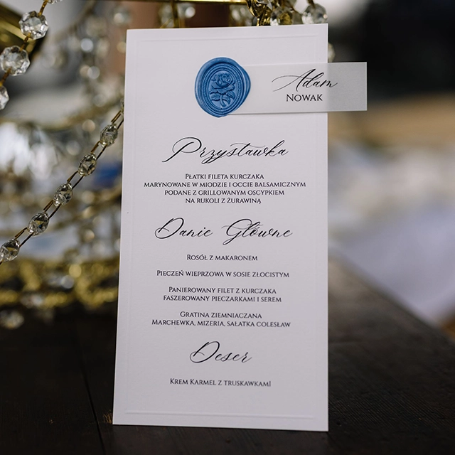 Menu weselne z winietką dla gości weselnych, delikatne i eleganckie