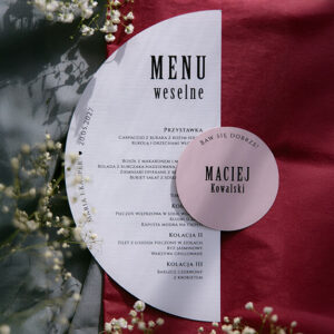 Półokrągłe menu weselne i okrągła winietka