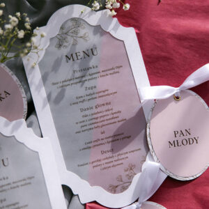 Menu weselne z transparentną, różową kalką