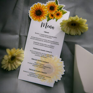 Kwieciste menu weselne, motyw słoneczników